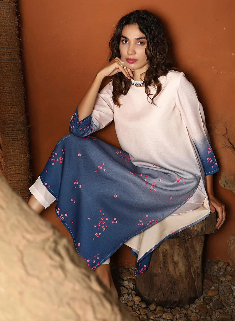 QISSA Women's Soft Pink & Navy Blue Ombre Floret Kurta Set