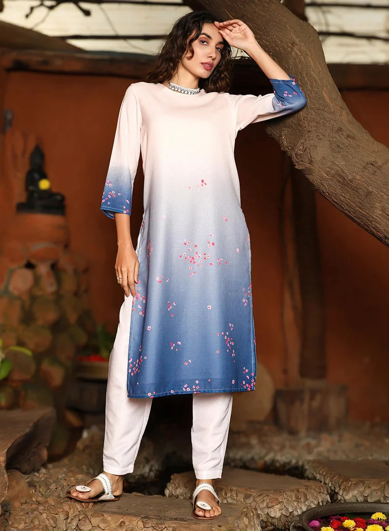 QISSA Women's Soft Pink & Navy Blue Ombre Floret Kurta Set
