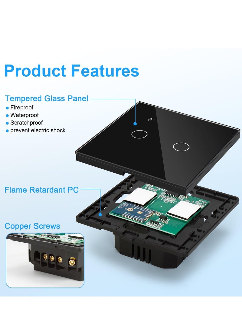 Smart Wall Light Switch WiFi Smart Light Switch 2 Gang 1 Way work with Alexa or Google Assistant Glass Panel LED Backlight Waterproof Multi Way Control by Tuya Smart Life App Neutral Wire Need