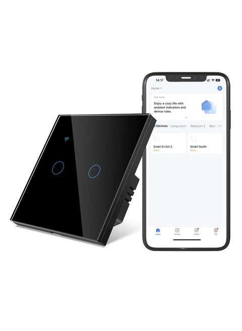 Smart Wall Light Switch WiFi Smart Light Switch 2 Gang 1 Way work with Alexa or Google Assistant Glass Panel LED Backlight Waterproof Multi Way Control by Tuya Smart Life App Neutral Wire Need