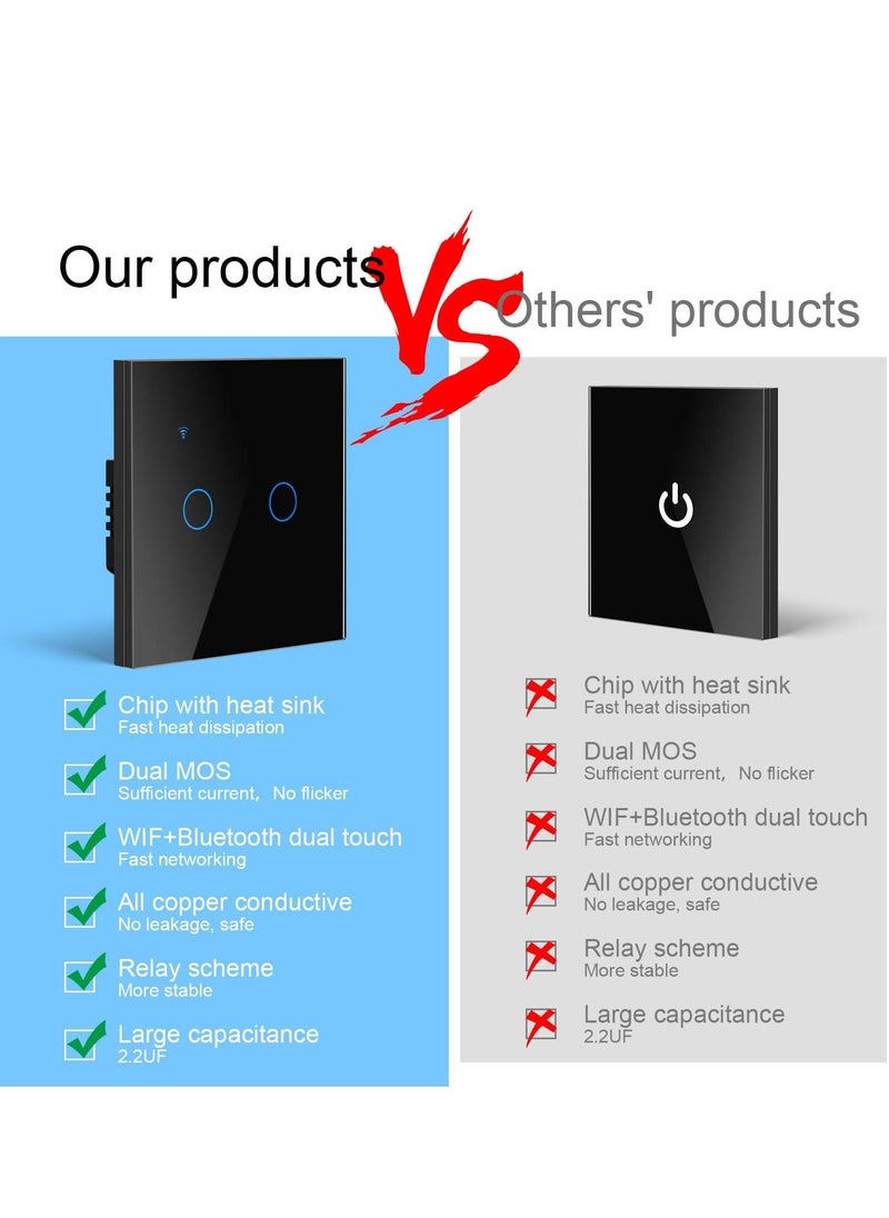 Smart Wall Light Switch WiFi Smart Light Switch 2 Gang 1 Way work with Alexa or Google Assistant Glass Panel LED Backlight Waterproof Multi Way Control by Tuya Smart Life App Neutral Wire Need