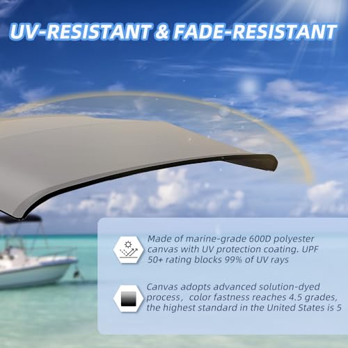 Zenicham 3 Bow Fade and Crack Resistant Bimini Top Replacement Cover, 600D Marine Grade Waterproof Sun Shade Boat Canopy, Easy Install Zipper Sleeves Boat Awning/Without Frame, Grey 6'L 67"-72" W - Image 5