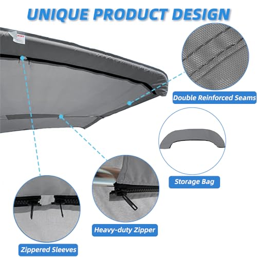 Zenicham 3 Bow Fade and Crack Resistant Bimini Top Replacement Cover, 600D Marine Grade Waterproof Sun Shade Boat Canopy, Easy Install Zipper Sleeves Boat Awning/Without Frame, Grey 6'L 67"-72" W - Image 4