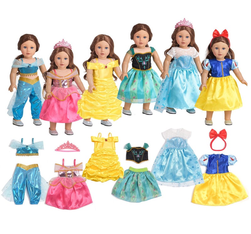 Sweet Dolly 18 Inch Doll Clothes 6 Sets Princess Dresses Accessories Costume Jasmine Aurora Belle Snow White for 18 Inch Dolls - Image 1