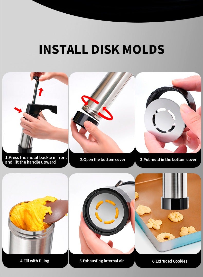 Cookie Press, Baking-Stainless Steel Cookie Press Gun+13 Cookie Discs+8 Icing Nozzles, Spritz Cookie Press Gun Kit for Making and Decorating Cookies - Image 4