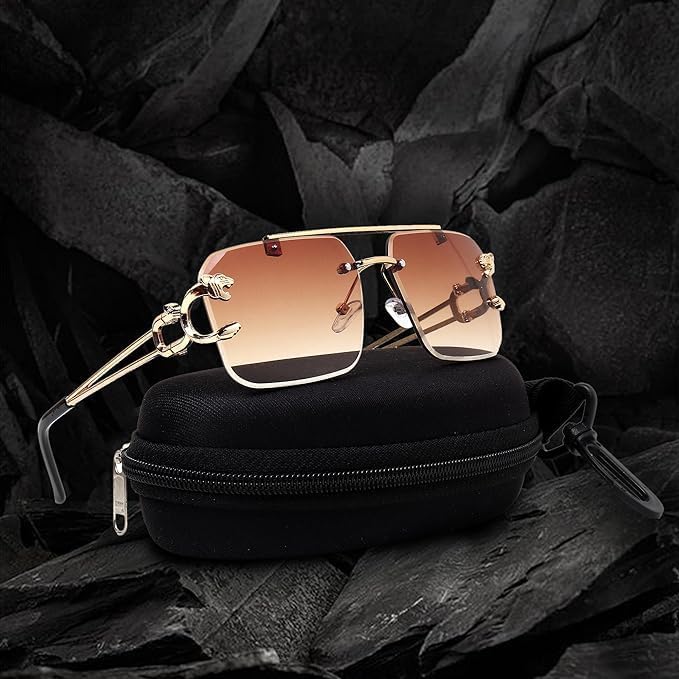 mashamart Luxury Rimless Sunglasses,Honey Singh Inspired Gold Metal Frame, Tinted Lenses, Decorative Side Accents (Pack of 1) (Brown) - Image 4