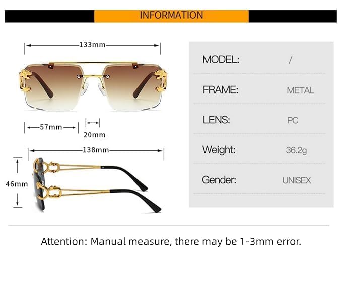 mashamart Luxury Rimless Sunglasses,Honey Singh Inspired Gold Metal Frame, Tinted Lenses, Decorative Side Accents (Pack of 1) (Brown) - Image 3