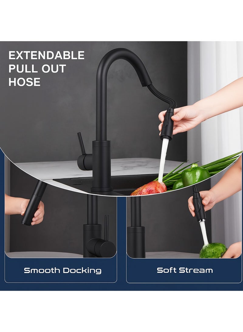 HESANIT Pull Out Sprayer Kitchen Sink Faucet Mixer Matt Black - 6931MB - Image 2