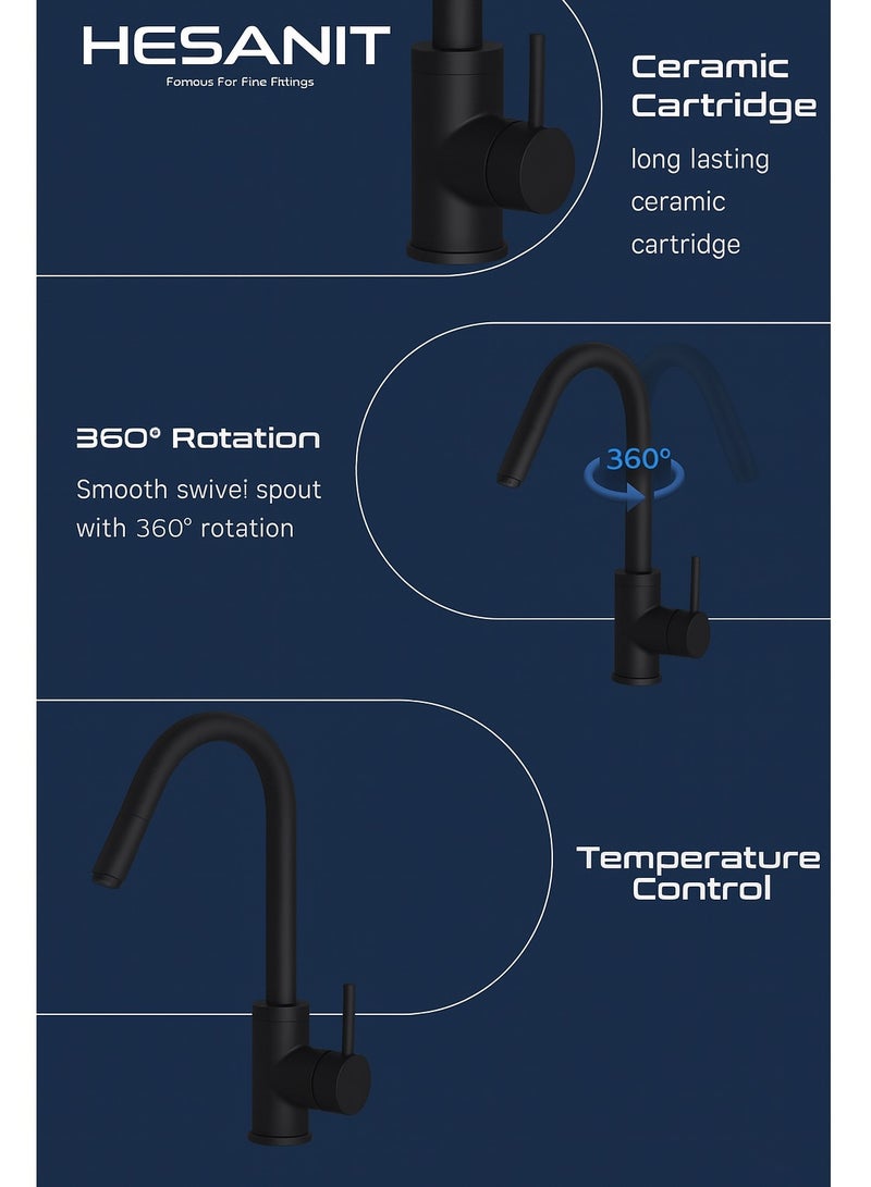 HESANIT Pull Out Sprayer Kitchen Sink Faucet Mixer Matt Black - 6931MB - Image 4