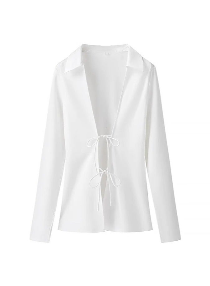 Shougu New Acetate Satin Lace Up Shirt V-neck Solid Color Top  - Image 1