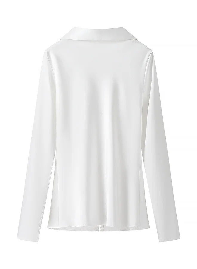 Shougu New Acetate Satin Lace Up Shirt V-neck Solid Color Top  - Image 2