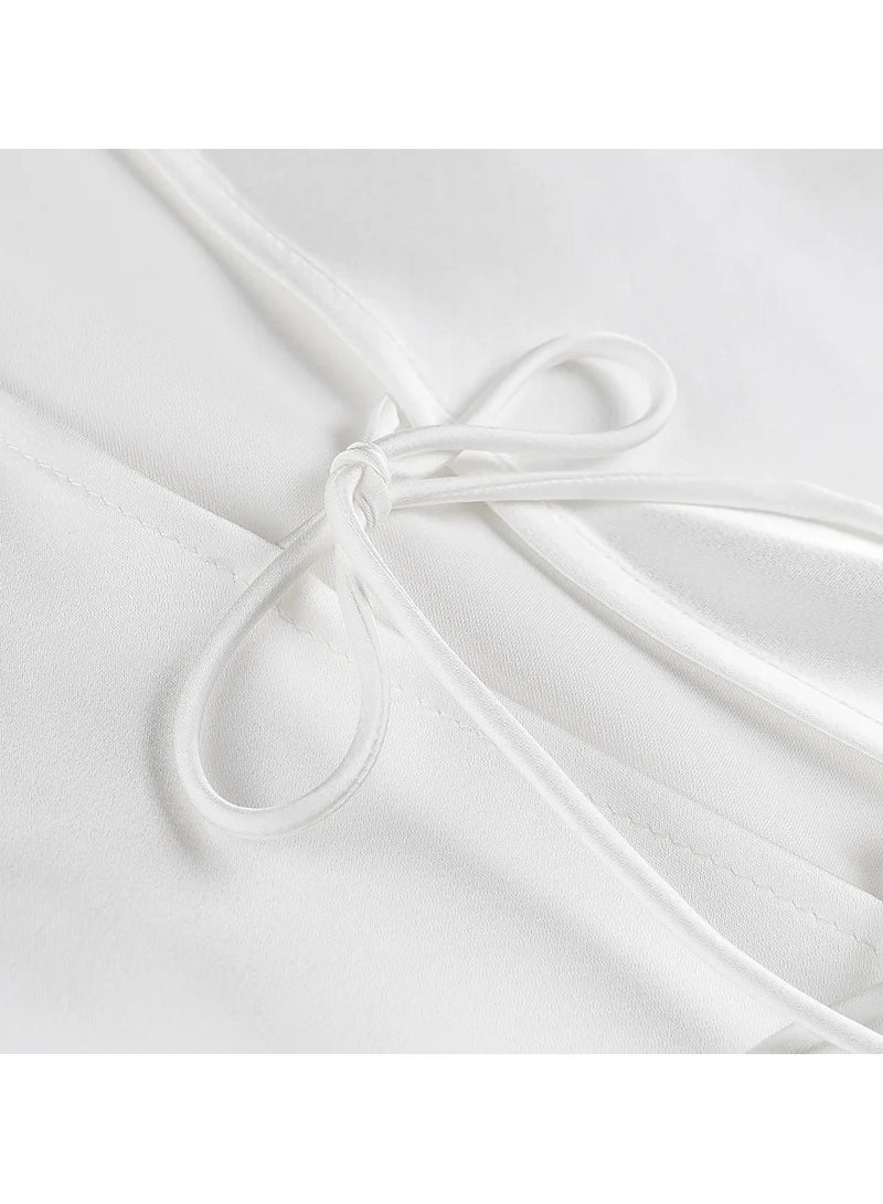 Shougu New Acetate Satin Lace Up Shirt V-neck Solid Color Top  - Image 3