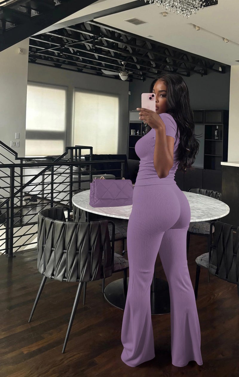 HBQ Women Two Piece Outfit Ribbed Short Sleeve V Neck Polo Top and Flare Pants Casual Lounge Sets Tracksuit-Light Purple-L - Image 3