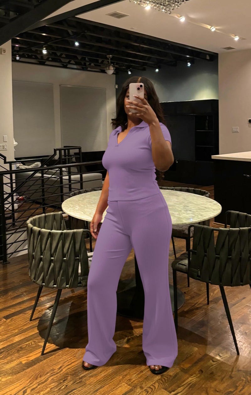 HBQ Women Two Piece Outfit Ribbed Short Sleeve V Neck Polo Top and Flare Pants Casual Lounge Sets Tracksuit-Light Purple-L - Image 2