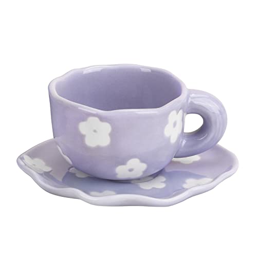 Koythin Ceramic Coffee Mug with Saucer Set, Cute Creative Cup Unique Irregular Saucer Design for Office and Home, 6 oz/180 ml for Latte Tea Milk (Purple Flower) - Image 1