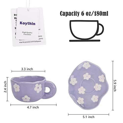 Koythin Ceramic Coffee Mug with Saucer Set, Cute Creative Cup Unique Irregular Saucer Design for Office and Home, 6 oz/180 ml for Latte Tea Milk (Purple Flower) - Image 2