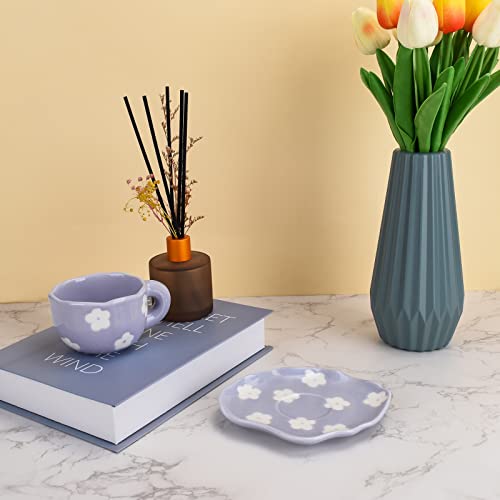 Koythin Ceramic Coffee Mug with Saucer Set, Cute Creative Cup Unique Irregular Saucer Design for Office and Home, 6 oz/180 ml for Latte Tea Milk (Purple Flower) - Image 4