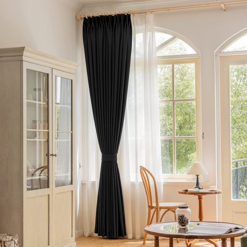 OYRING Blackout Pinch Pleated Curtain with Tieback for Bedroom  Thermal Insulated Solid Color Pleated Curtain for Kitchen  Patio  38"" W x 63"" L  Black  1 Panel - Image 1