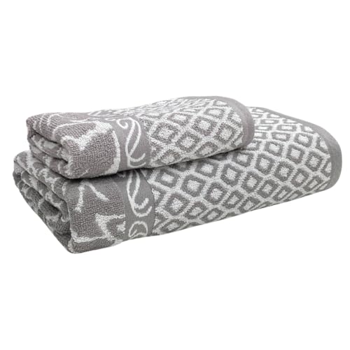 STAMIO Cotton 490 GSM Bath and Hand Towel Combo Set of 2 for Men and Women | Extra Soft & Absorbent Large Full Size Towels for Bathing, Home, Sports, Salon, Hotel use | Jacquard Border, Grey - Image 1