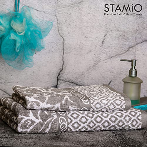 STAMIO Cotton 490 GSM Bath and Hand Towel Combo Set of 2 for Men and Women | Extra Soft & Absorbent Large Full Size Towels for Bathing, Home, Sports, Salon, Hotel use | Jacquard Border, Grey - Image 3
