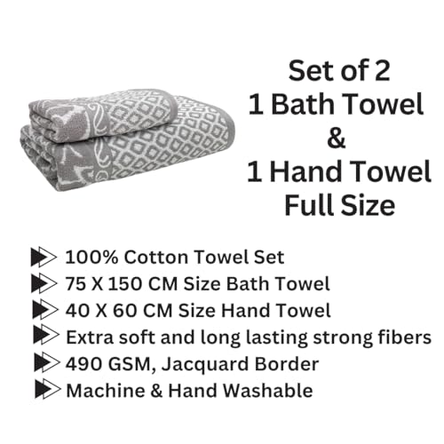 STAMIO Cotton 490 GSM Bath and Hand Towel Combo Set of 2 for Men and Women | Extra Soft & Absorbent Large Full Size Towels for Bathing, Home, Sports, Salon, Hotel use | Jacquard Border, Grey - Image 2