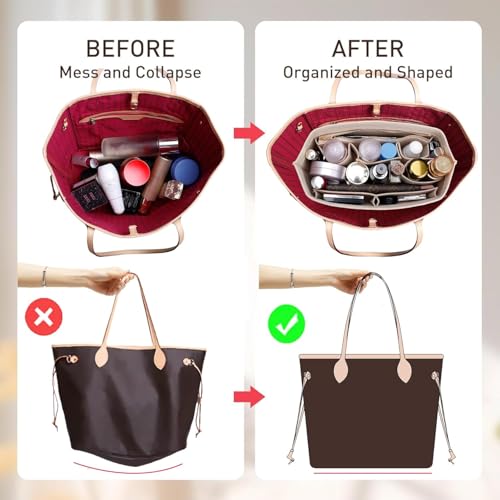 OAikor Premium Felt Purse Organizer Insert with Base Shaper Compatible with lv neverfull MM, Speedy 30 and More,Bag Organizer Insert for Luxury Tote Handbags,L/Wine Red - Image 2
