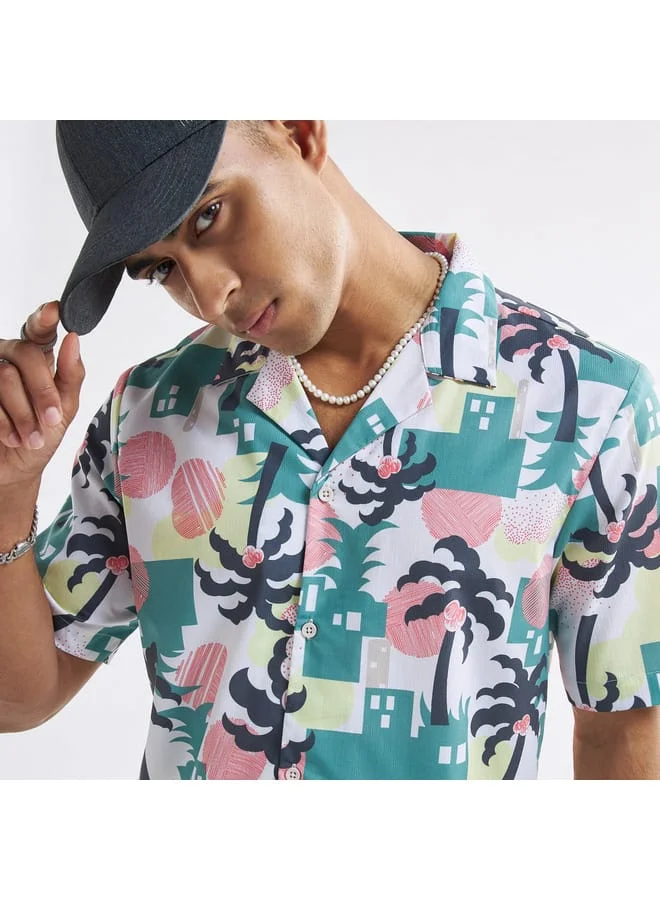 Splash FAV All-Over Print Shirt with Camp Collar and Short Sleeves
