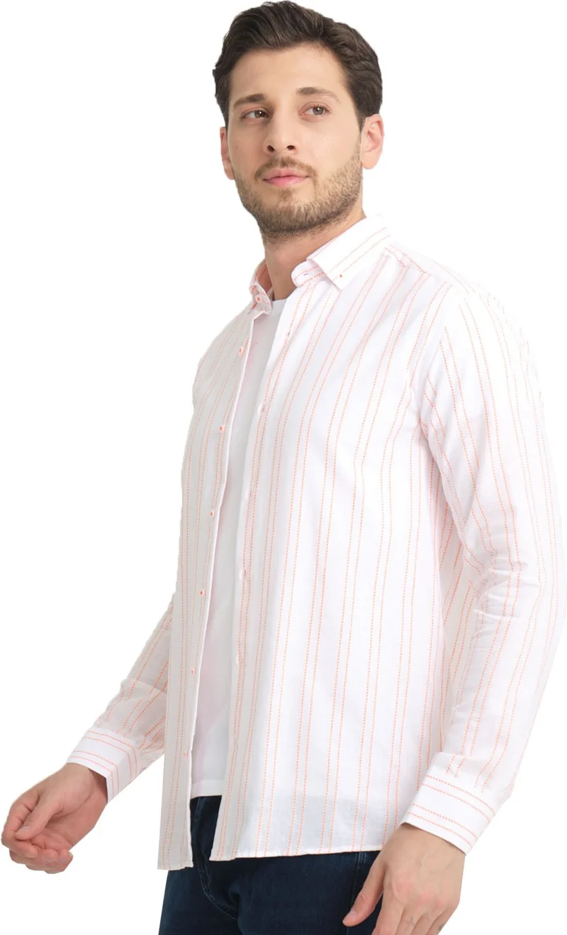 فاريتا Men's White Orange No Pocket Linen Effect Striped Wide Cut Long Sleeve Shirt