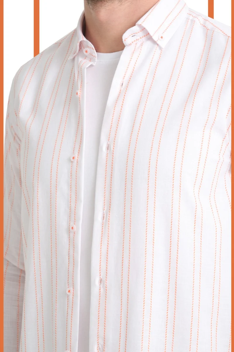 فاريتا Men's White Orange No Pocket Linen Effect Striped Wide Cut Long Sleeve Shirt
