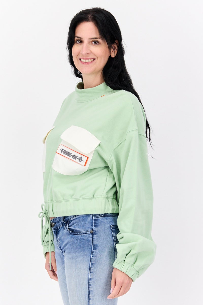 TRIBE OF 6 Women Mock Neck Brand Logo Long Sleeve Sweatshirt, Green - Image 2