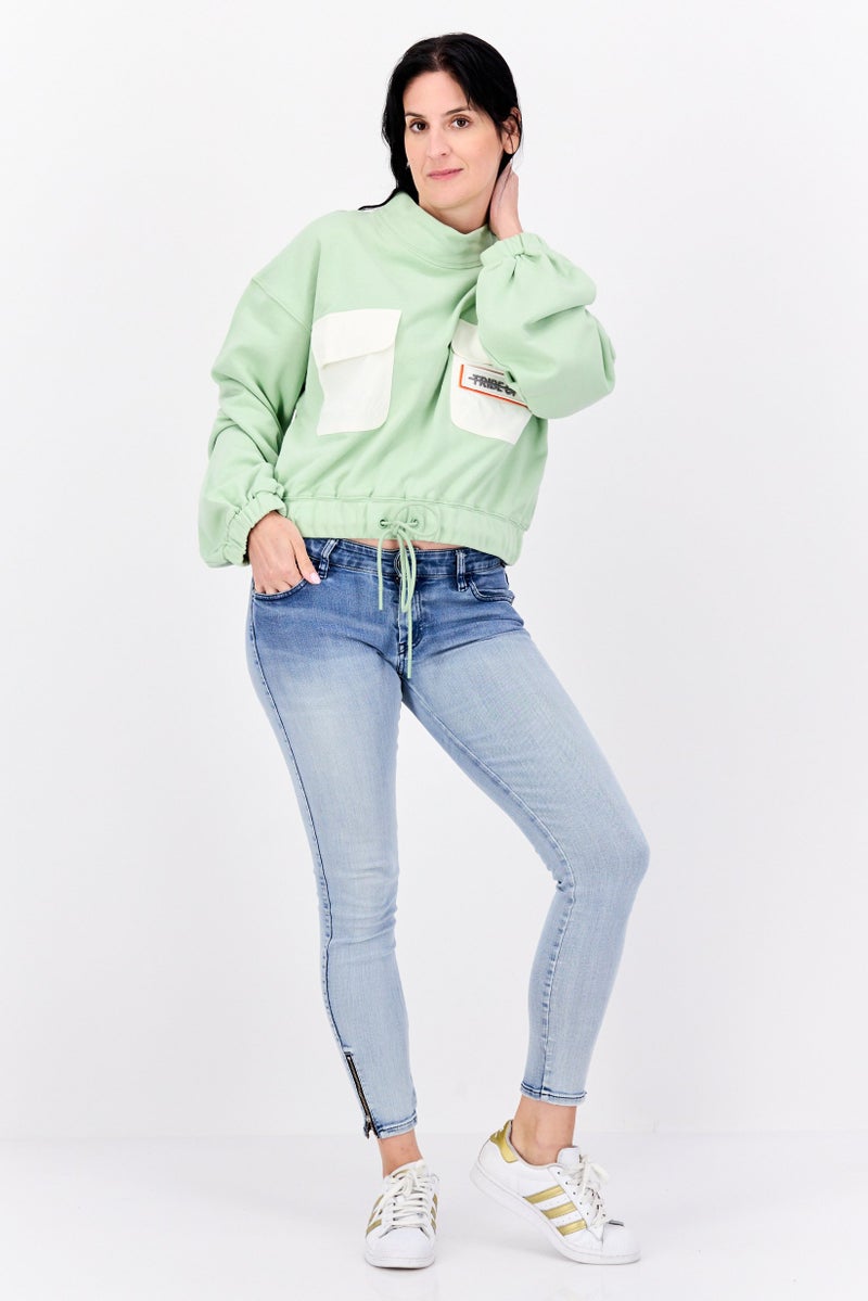 TRIBE OF 6 Women Mock Neck Brand Logo Long Sleeve Sweatshirt, Green - Image 4