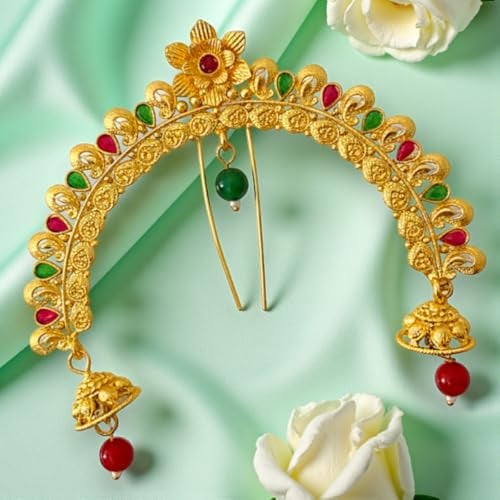 ACCESSHER Gold Plated Traditional Juda Pin & Brooch with Jhumki Drops for Women & Girls | Bridal Hair Accessory | Wedding & Festive Hairstyle Decoration - Image 3