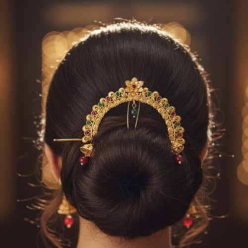ACCESSHER Gold Plated Traditional Juda Pin & Brooch with Jhumki Drops for Women & Girls | Bridal Hair Accessory | Wedding & Festive Hairstyle Decoration - Image 2