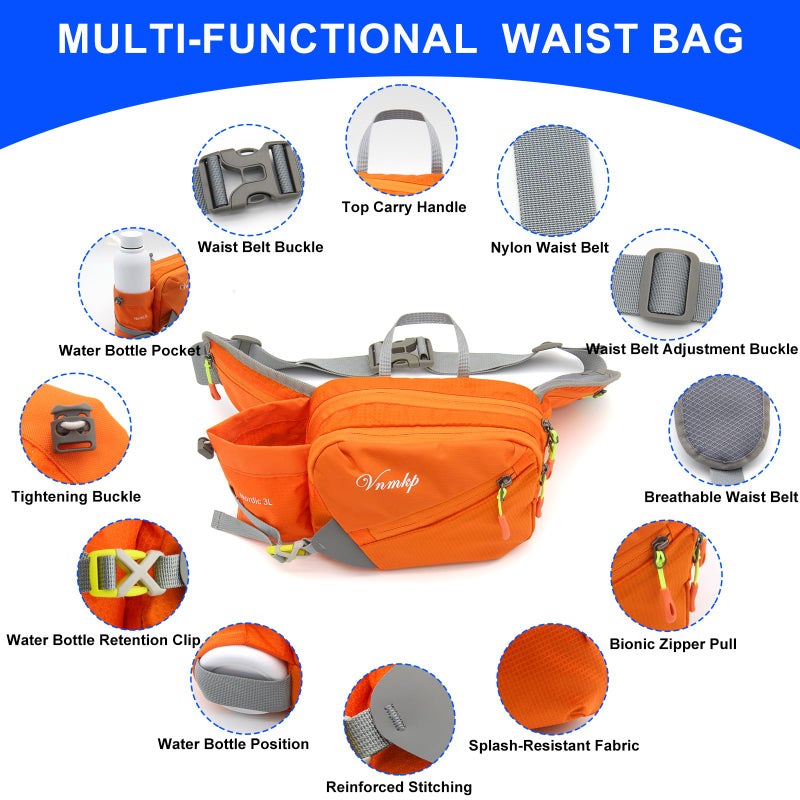 Vnmkp Waist Pack with Water Bottle Holder for Men and Women for Running Climbing Hiking Fitness Cycling and Other Outdoor Sports (Orange) - Image 4
