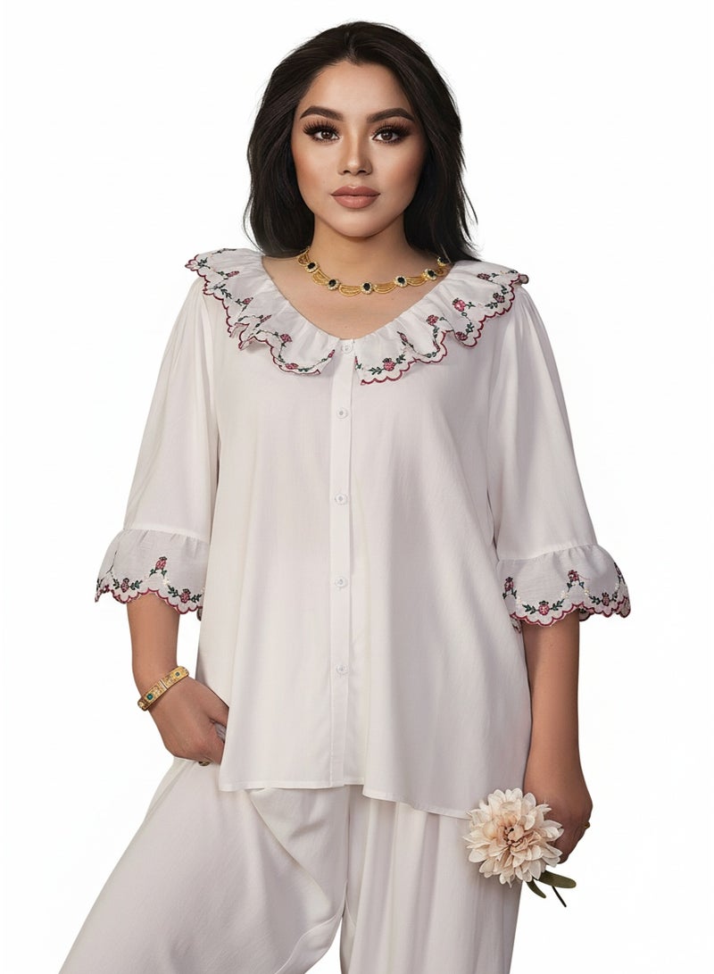 بيوينتي طقم بيجامة نسائي بمقاس كبير مع تطريز زهري وحافة بكشكشة، تصميم بأزرار أمامية، فضفاض بأكمام بطول ثلاثة أرباع - Image 2