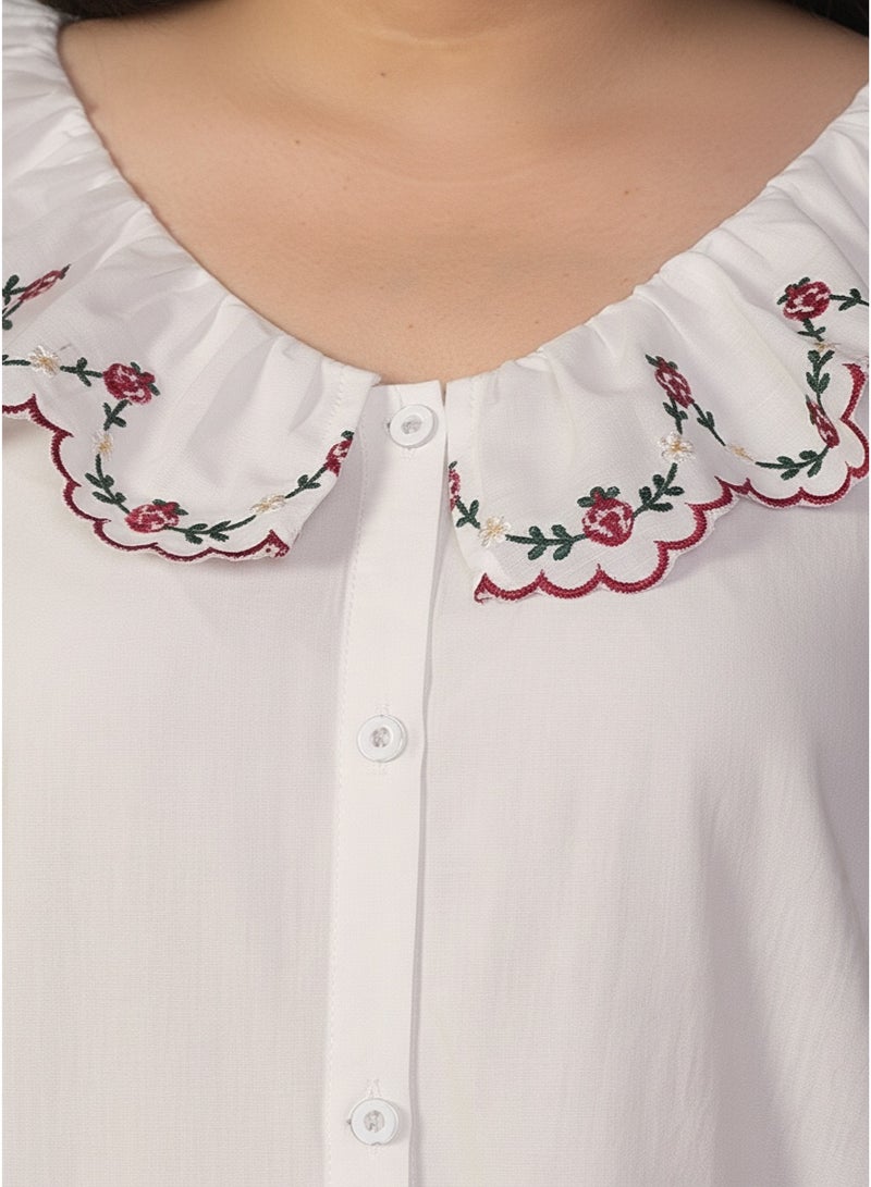 بيوينتي طقم بيجامة نسائي بمقاس كبير مع تطريز زهري وحافة بكشكشة، تصميم بأزرار أمامية، فضفاض بأكمام بطول ثلاثة أرباع - Image 5