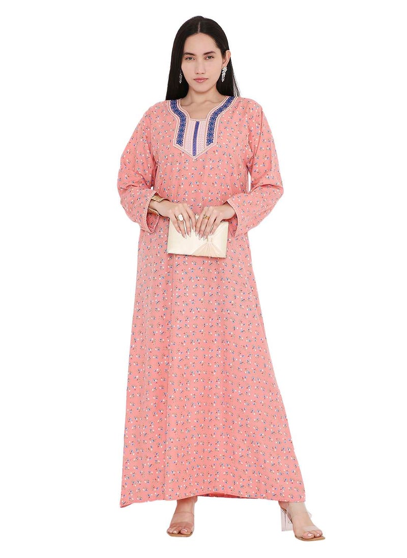 HANA & SARA CASUAL ARABIC FARASHA KAFTAN JALABIYA DRESS WITH A TINY FLOWER PRINT AND A UNIQUE THREAD EMBROIDERY ON THE NECK  - Image 1