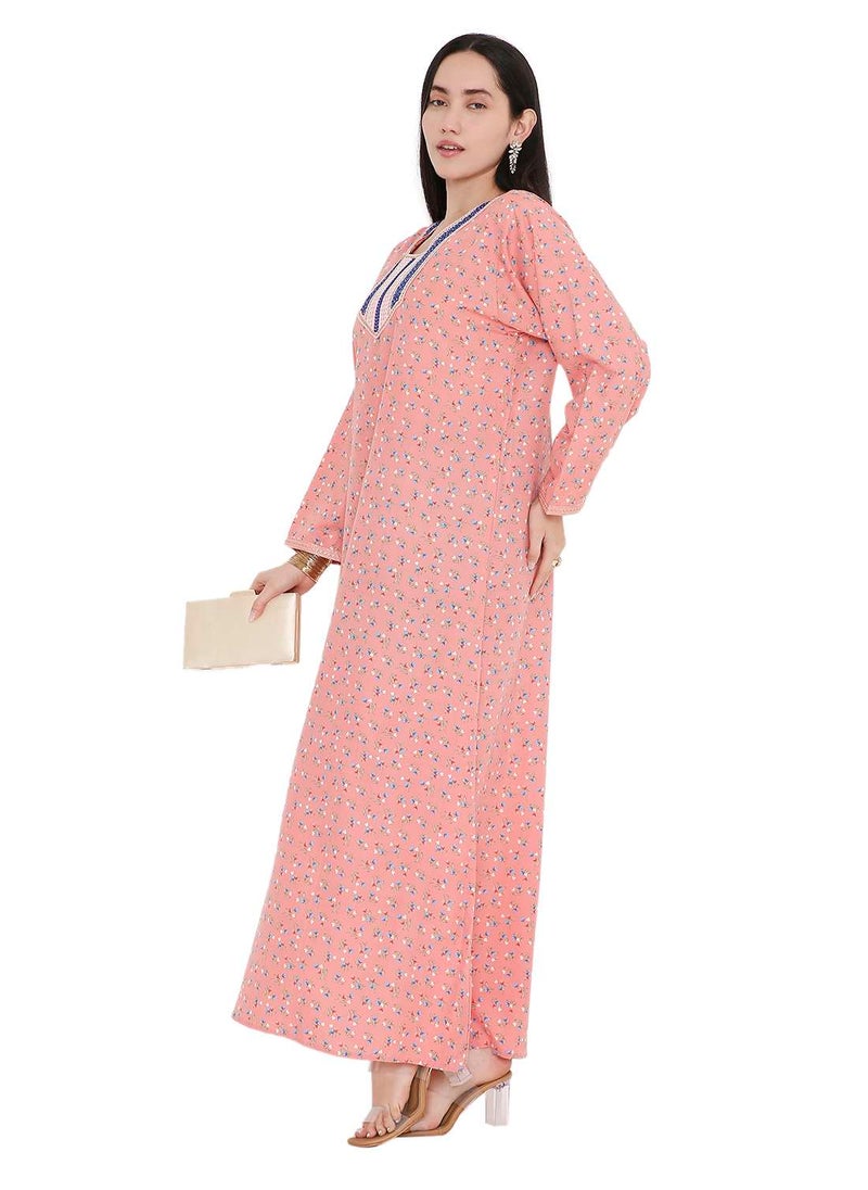 HANA & SARA CASUAL ARABIC FARASHA KAFTAN JALABIYA DRESS WITH A TINY FLOWER PRINT AND A UNIQUE THREAD EMBROIDERY ON THE NECK  - Image 4