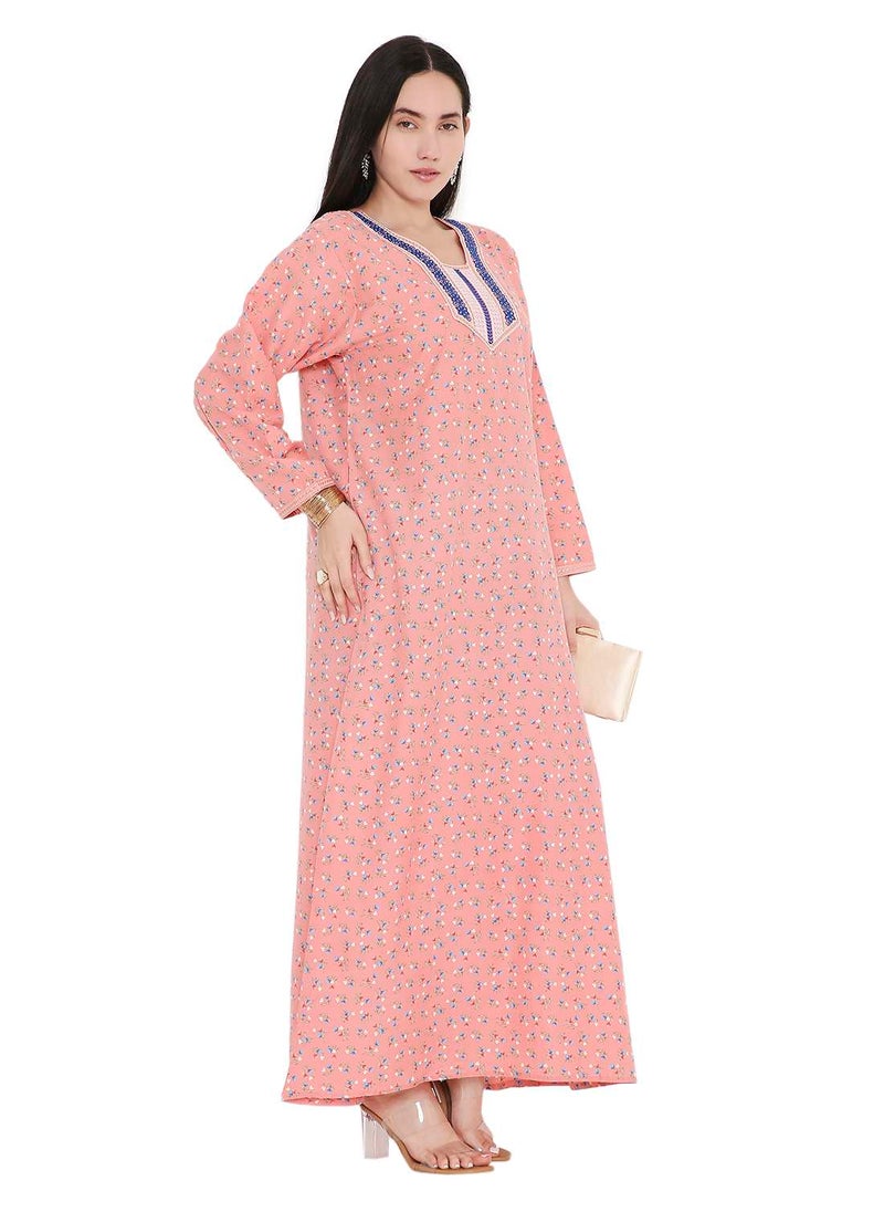 HANA & SARA CASUAL ARABIC FARASHA KAFTAN JALABIYA DRESS WITH A TINY FLOWER PRINT AND A UNIQUE THREAD EMBROIDERY ON THE NECK  - Image 5