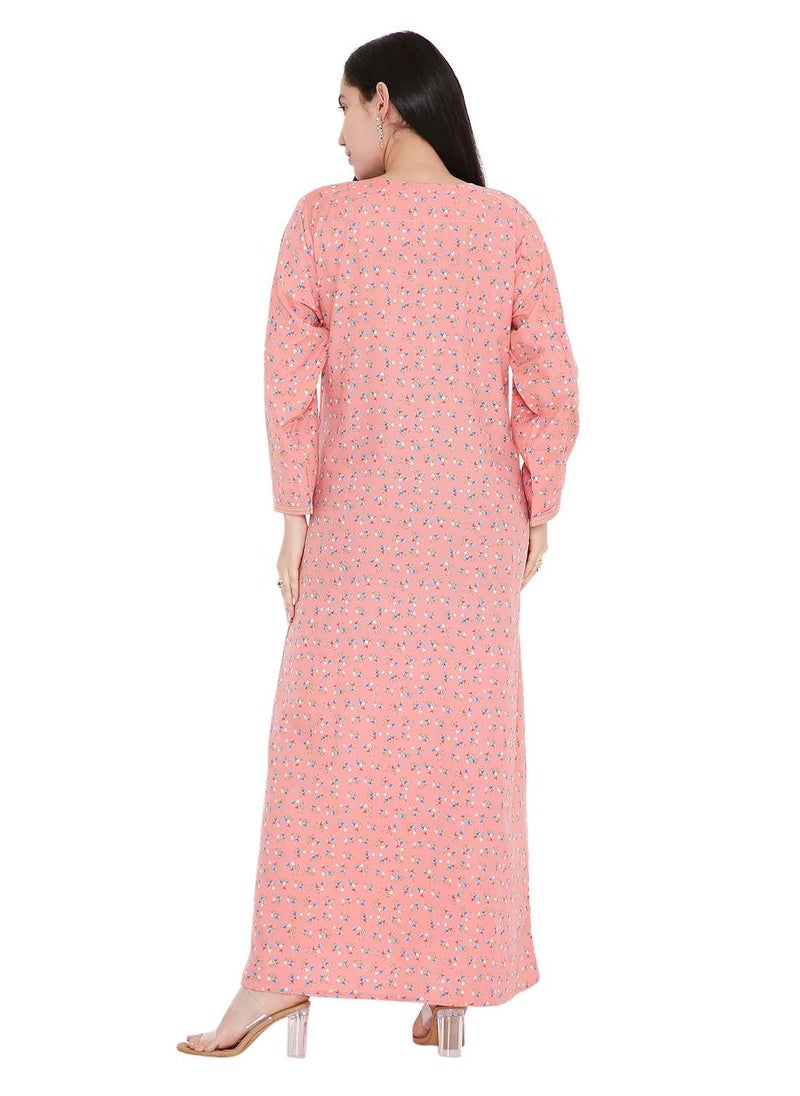 HANA & SARA CASUAL ARABIC FARASHA KAFTAN JALABIYA DRESS WITH A TINY FLOWER PRINT AND A UNIQUE THREAD EMBROIDERY ON THE NECK  - Image 2