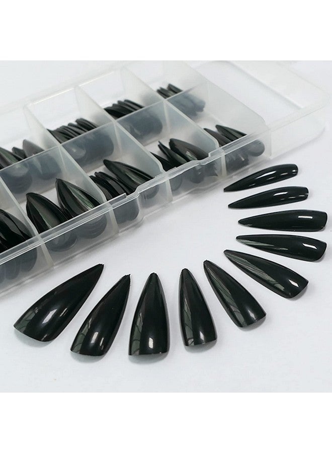 LifexTol Glossy Fake Nail 100Pc Full Cover Acrylic Black Long Stiletto Press On Nails Art Tips False Nail For Beginner Women And Girls Manicure(Black) - Image 1