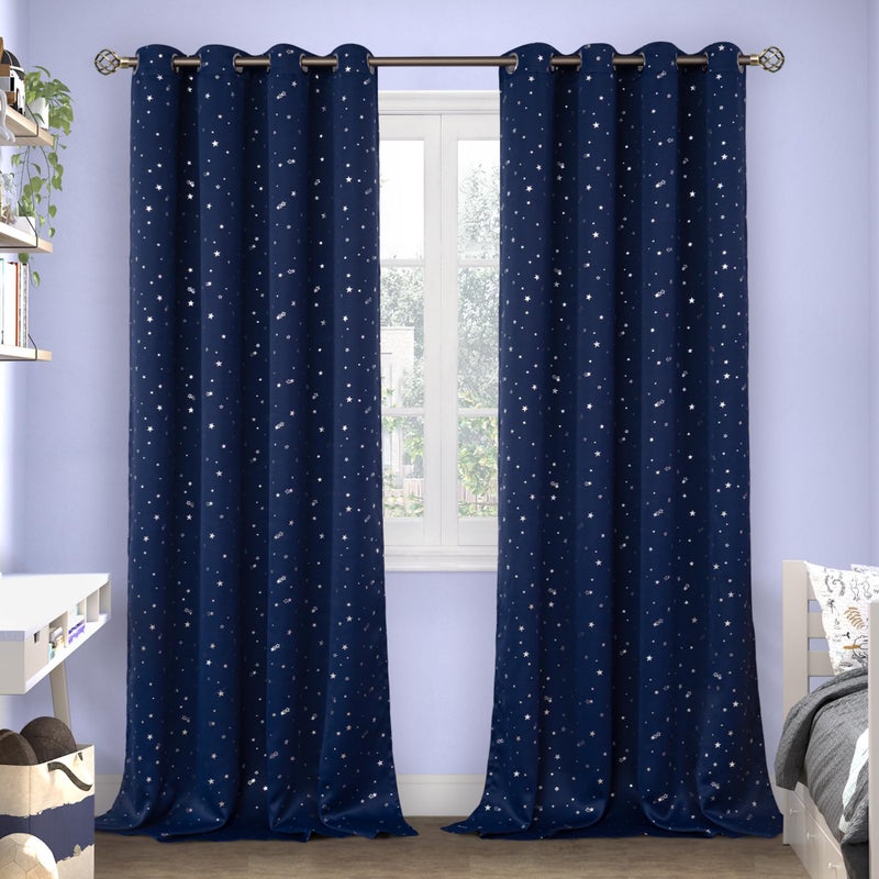 BGment Kids Blackout Curtains for Bedroom - Grommet Thermal Insulated Silver Star Print Room Darkening Curtains for Kids Room  Set of 2 Panels  55 x 96 Inch  Navy Blue - Image 1