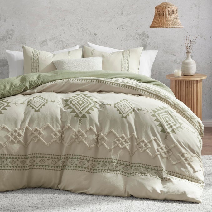 BOHO DUVET COVER SET QUEEN SIZE BEIGE AND SAGE GREEN COLOR CLASH 3 PIECES MICROFIBER BEDDING SET DURABLE AND SUPER SOFT DUVET COVERS WITH ZIPPER AND TIES 9090