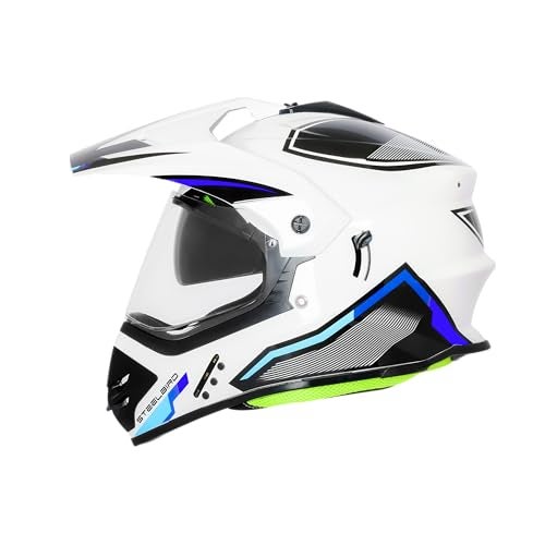 Steelbird SBH-13 Racer Bluetooth Off Road ISI Certified Motocross Double Visor Full Face Helmet Outer Clear Visor and Inner Smoke Sun Shield (Large 600 MM, Glossy White Blue) - Image 1
