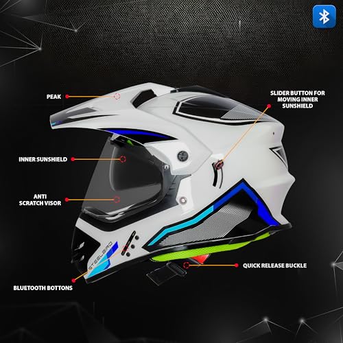 Steelbird SBH-13 Racer Bluetooth Off Road ISI Certified Motocross Double Visor Full Face Helmet Outer Clear Visor and Inner Smoke Sun Shield (Large 600 MM, Glossy White Blue) - Image 4