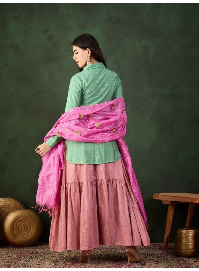 أيه كيه إس بلش وردي تنورة متعددة الطبقات مع كرتا بدانتيل أخضر ودوباتا - Image 4