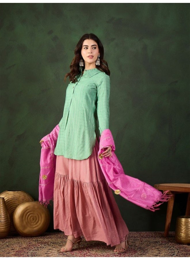 أيه كيه إس بلش وردي تنورة متعددة الطبقات مع كرتا بدانتيل أخضر ودوباتا - Image 3