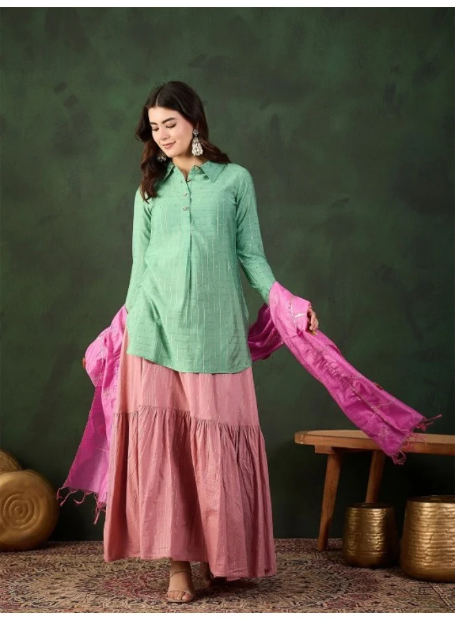 AKS Blush Pink Tiered Lehenga With Green Sequinned Kurta AndDupatta