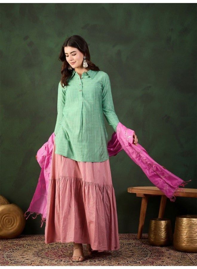 أيه كيه إس بلش وردي تنورة متعددة الطبقات مع كرتا بدانتيل أخضر ودوباتا - Image 1