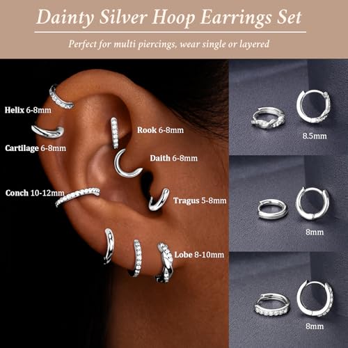 Poxtex Small Sterling Silver Huggie Hoop Earrings Set for Women, Hypoallergenic Trendy Twisted Hoops for Multiple Piercings, Dainty Cute Mini Lightweight Cartilage Jewelry Gift for Sensitive Ears - Image 4